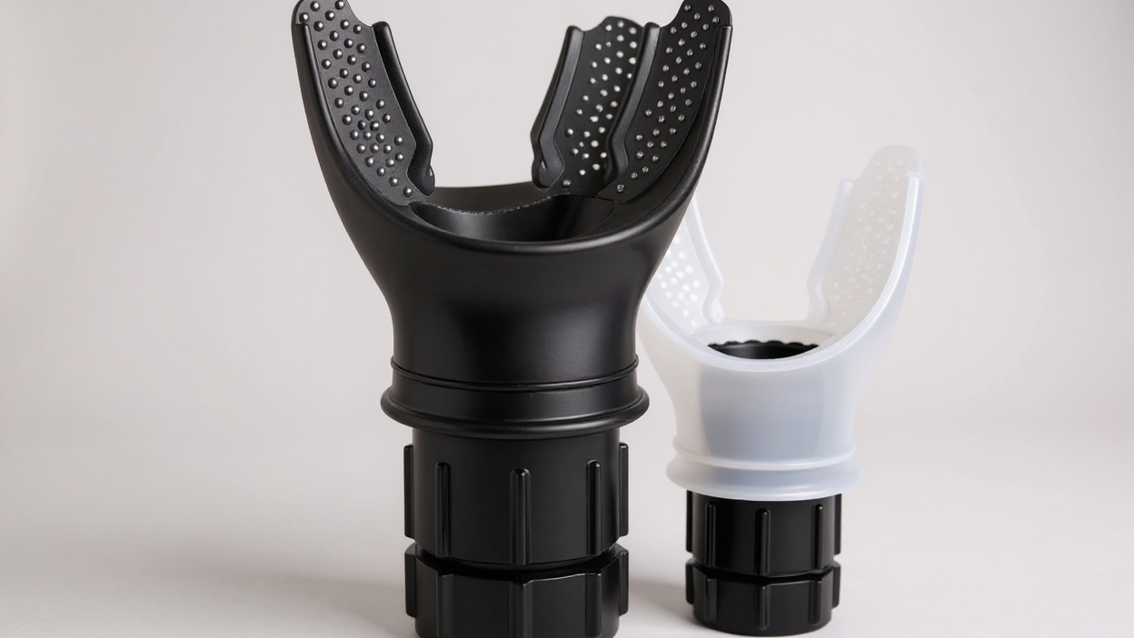 Entraîneur respiratoire réglable avec résistance ajustable, base antidérapante portable, embout ergonomique, améliore capacité pulmonaire pour adultes et sportifs.