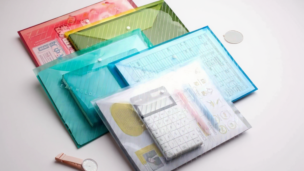 Lot de 10 pochettes A4 épaisses, transparentes et étanches, fermeture bouton-pression, grande capacité, idéales pour documents, examens et fournitures scolaires.