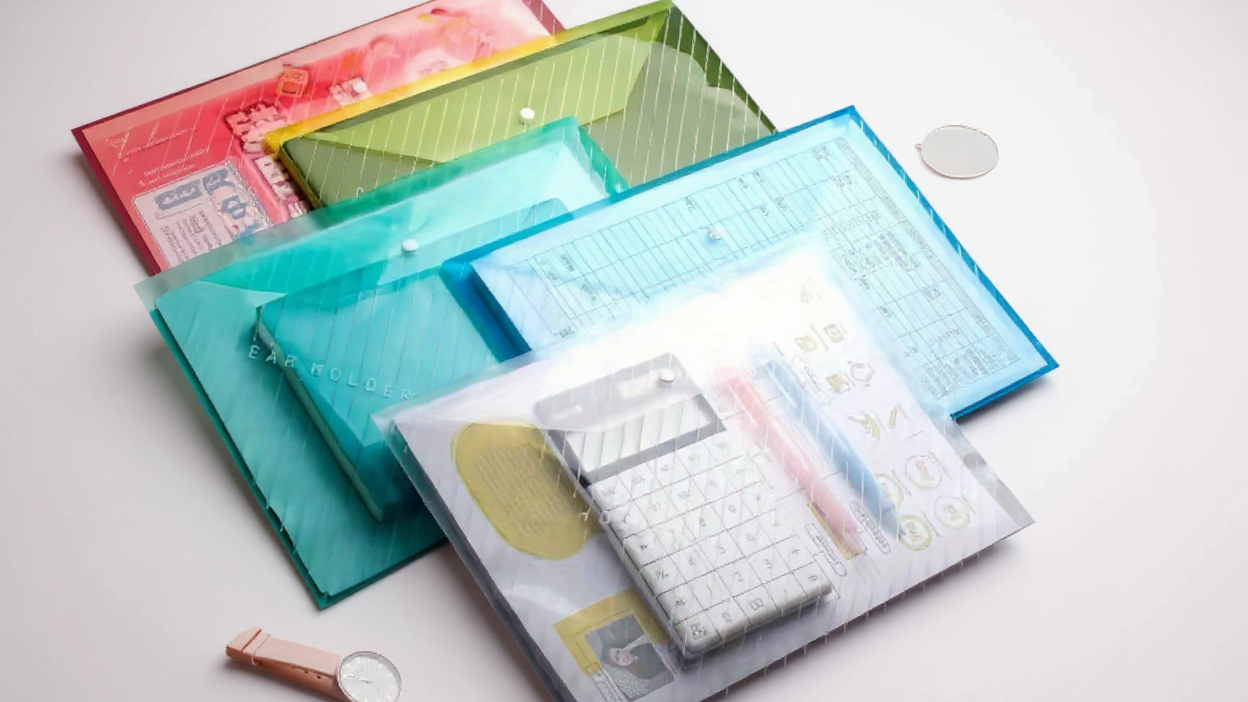 Lot de 10 pochettes A4 épaisses, transparentes et étanches, fermeture bouton-pression, grande capacité, idéales pour documents, examens et fournitures scolaires.