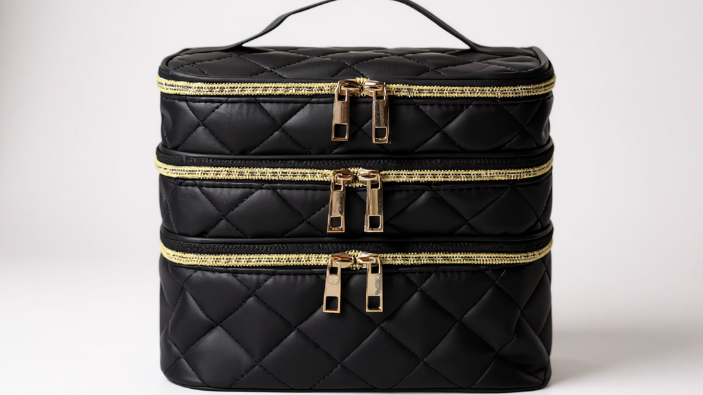 Unisex-adult Quilted Cosmetic Bag - 3-Layer Large Storage Pouch with Handles, Polyester Unscented Travel &amp; Home Organizer