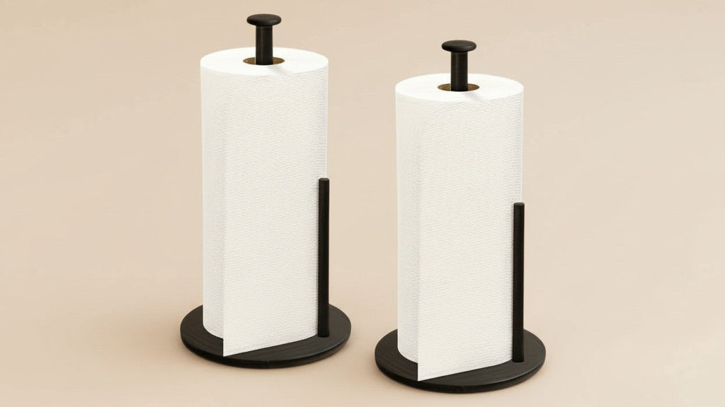 Distributeur essuie-tout en acier inoxydable premium, argenté, base lestée, pratique pour cuisine et rangement organisé.