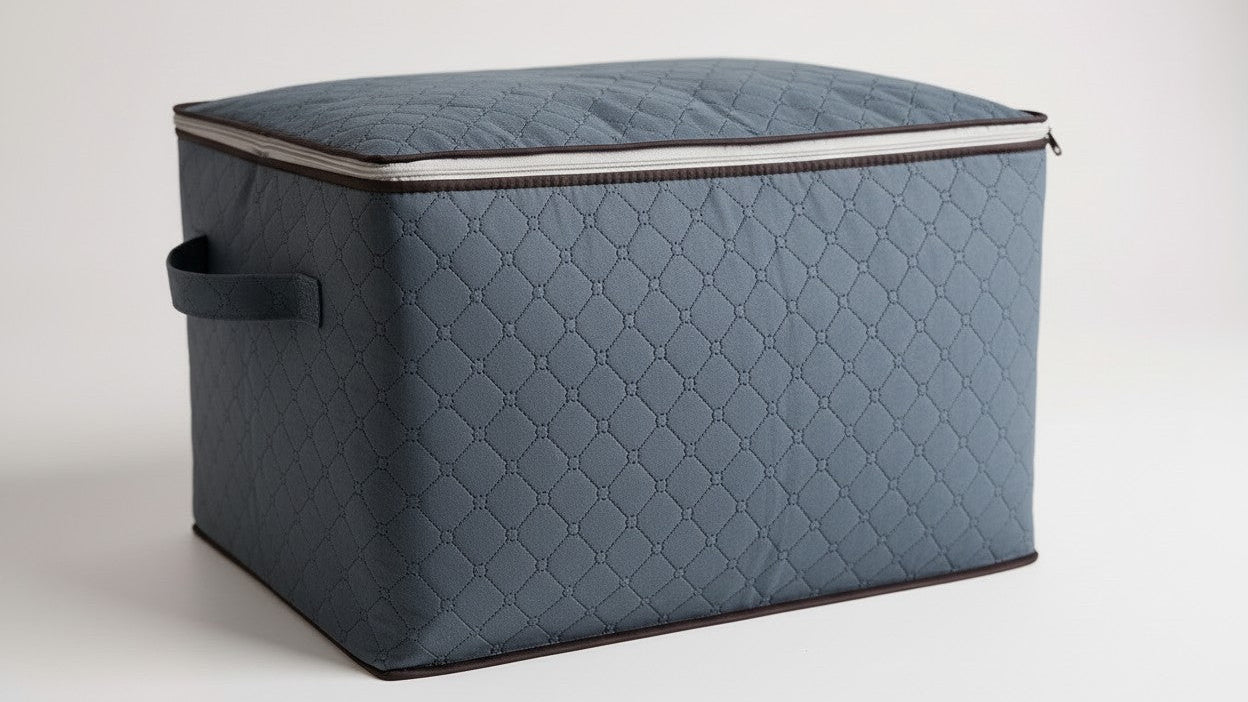 1pc Large Capacity Quilted Storage Box with Zipper - Portable Organizer for Towels, Linens &amp; Clothes, Blue Fabric Container with Clear Window &amp; Handles, Multi-Compartment Design for Easy Access, Closet Organizers And Storage