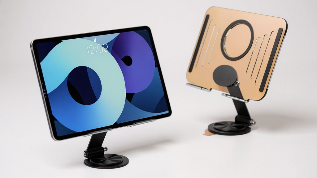 Support acrylique rotatif 360° pour tablette et ordinateur, réglable et pliable, ergonomique, avec dissipation de chaleur, idéal lecture, jeux ou visioconférences.