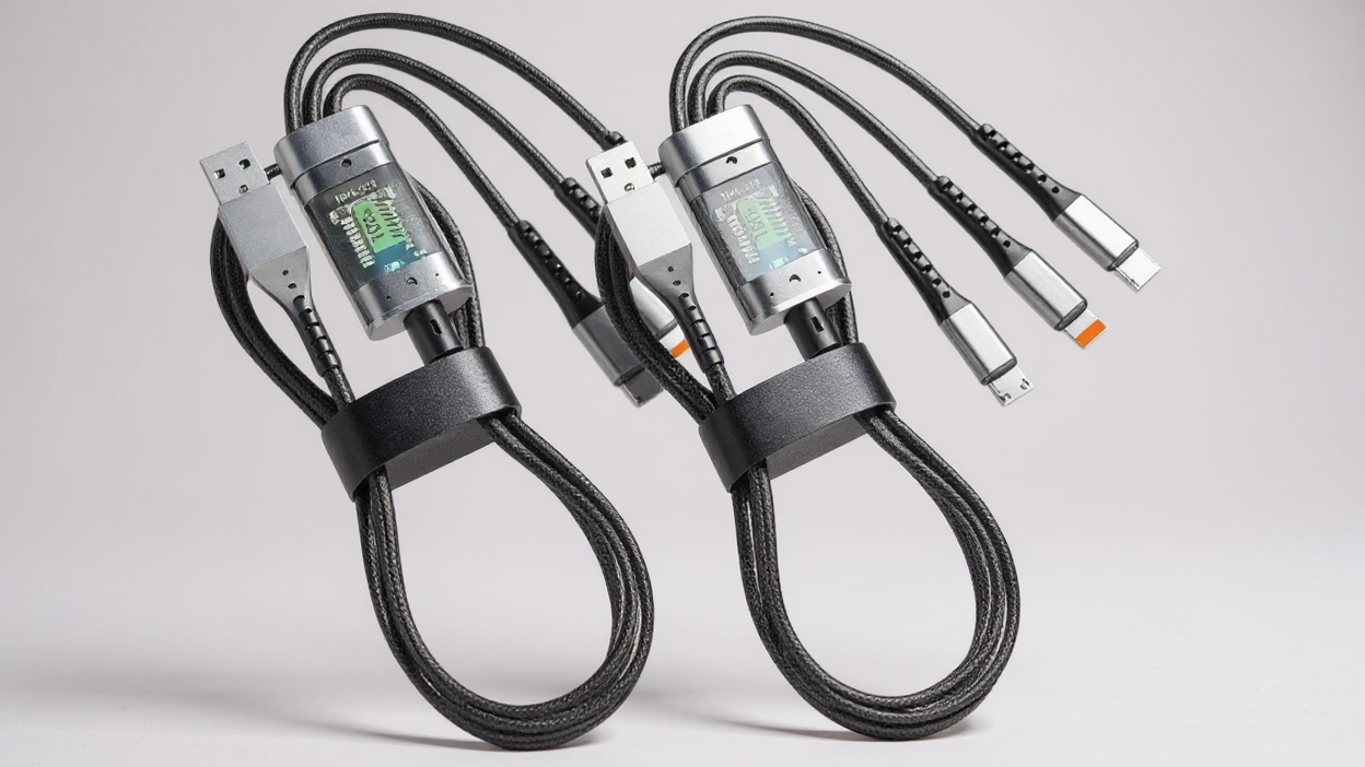 Câble de charge 3-en-1 multi-USB, tressé nylon, ports Type-C et Micro USB, charge rapide, compatible téléphones et tablettes, pratique et durable.