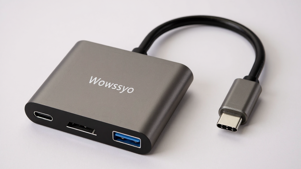 Hub USB-C 3-en-1 Wowssyo : Adaptateur aluminium, ports USB 3.0, PD 100 W, sortie 4K HDTV, compatible MacBook, iPad, PC et Nintendo Switch.