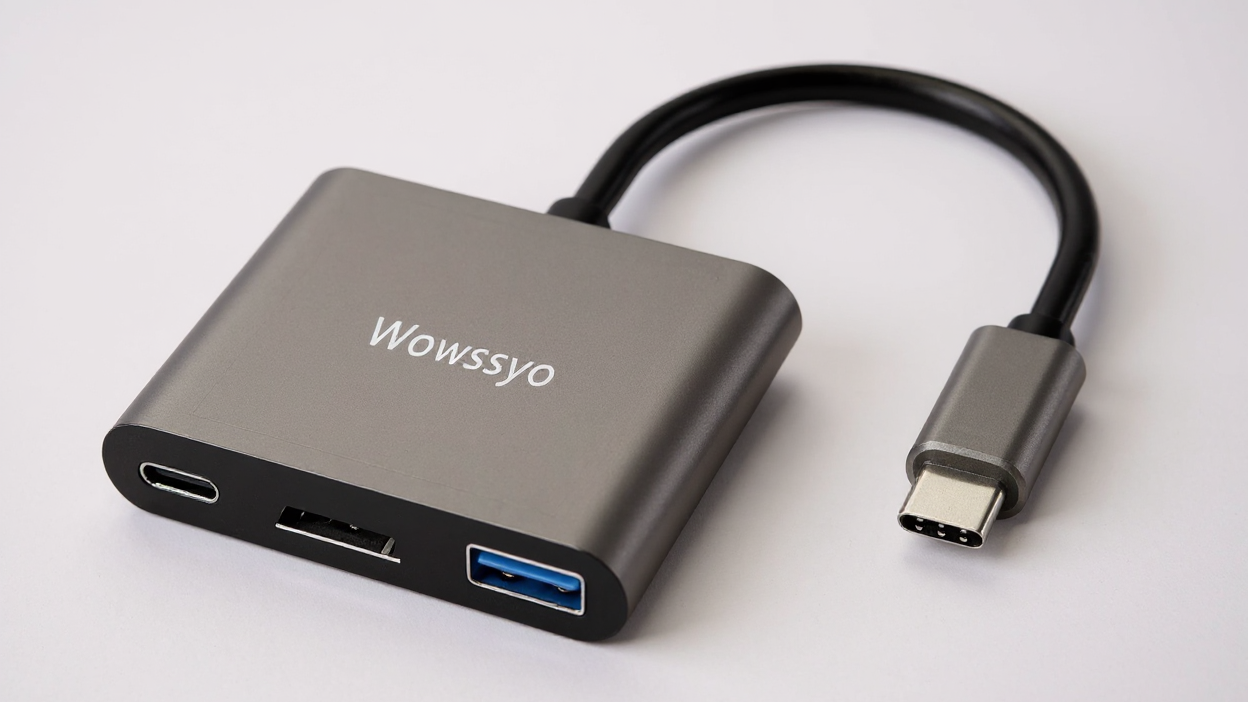 Hub USB-C 3-en-1 Wowssyo : Adaptateur aluminium, ports USB 3.0, PD 100 W, sortie 4K HDTV, compatible MacBook, iPad, PC et Nintendo Switch.