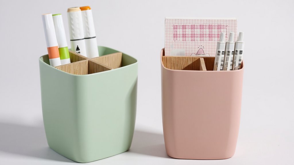 1pc Bamboo-Like Plastic Desk Organizer with Pen Holder &amp; Jewelry Storage - 3/4 Compartment Standalone Multi-Purpose Box for Office, Bathroom, Bedroom - Storage Shelf for Earrings, Rings, Makeup, Small Items (Low, Desk &amp; Drawe