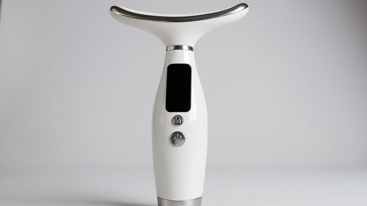 Appareil de soin visage et cou rechargeable, 7 modes, massage vibrant et chauffant, design ergonomique, améliore routine beauté à domicile.