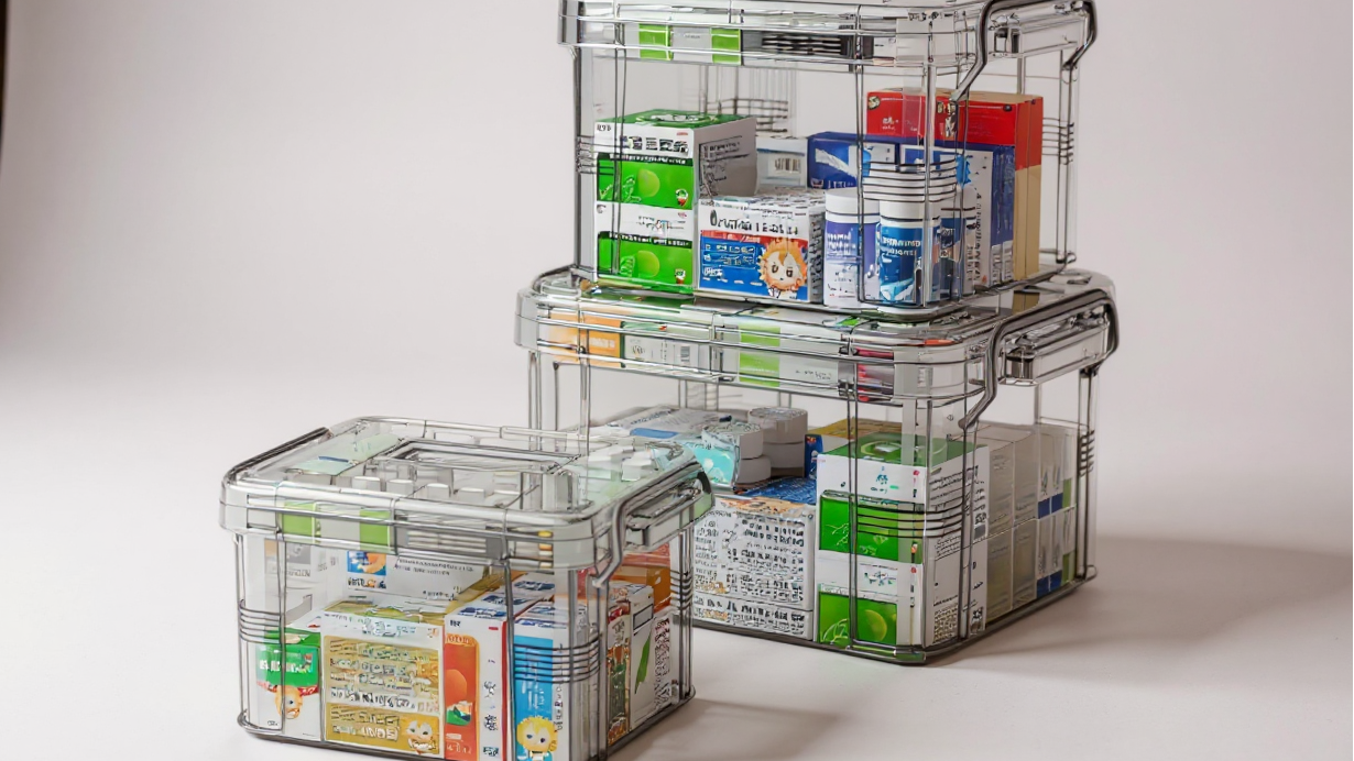 Boîte de rangement multifonctionnelle en plastique avec fermeture à clip, étanche et empilable, idéale pour médicaments, accessoires et organisation domestique.