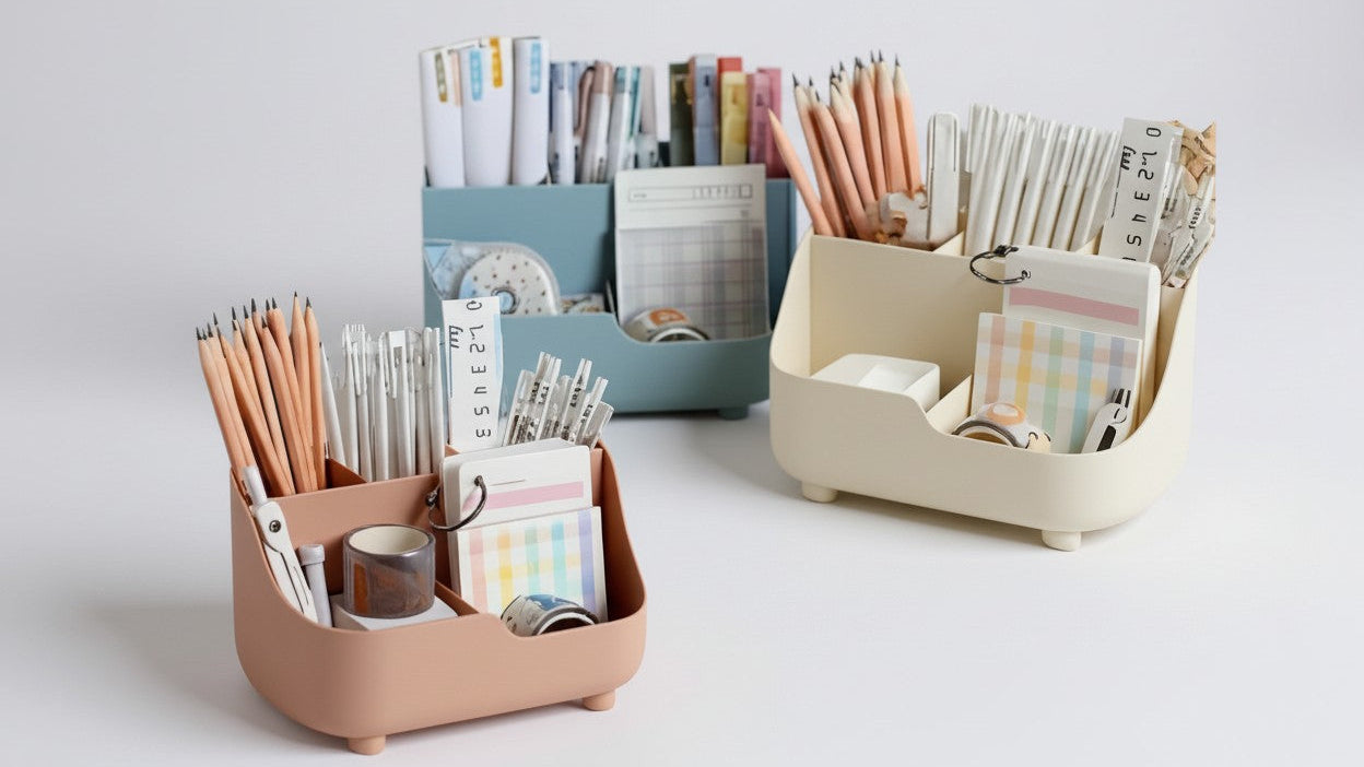 Boîte de rangement de bureau grande capacité, 5 compartiments, couleur unie, multifonction, organise matériel et accessoires de bureau.