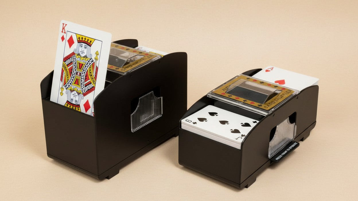 جهاز خلط أوراق اللعب الكهربائي الأوتوماتيكي ثنائي البطاقتين - مصنوع من مادة ABS عالية الجودة، يعمل بالبطارية، مع نافذة شفافة، مثالي لأمسيات اللعب العائلية وعشاق اللعب، ومعزز لألعاب الورق | خلاط أوراق لعب مدمج | Wearresi