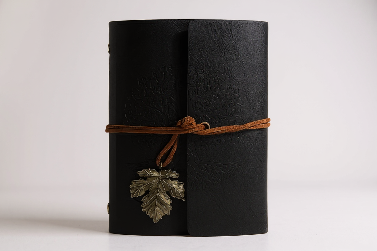 Coffret 3 pièces : carnet spiral vintage en cuir PU et 2 stylos gel noir et doré, design arbre, idéal pour écriture, croquis et voyage.