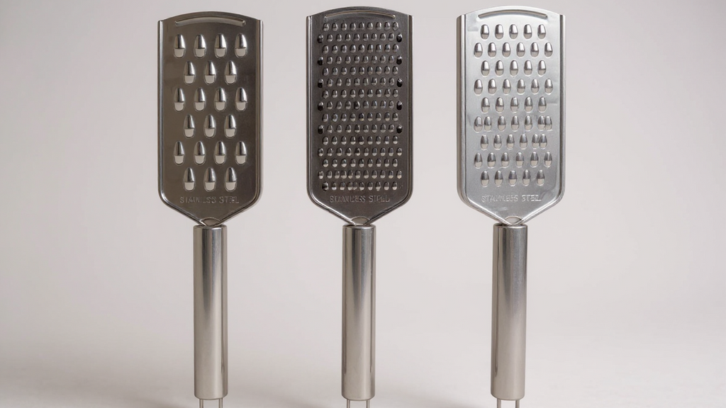 Lot de 3 ustensiles de cuisine en acier inoxydable : éplucheur, râpe et ouvre-boîtes, polyvalents pour fruits, légumes et pommes de terre.