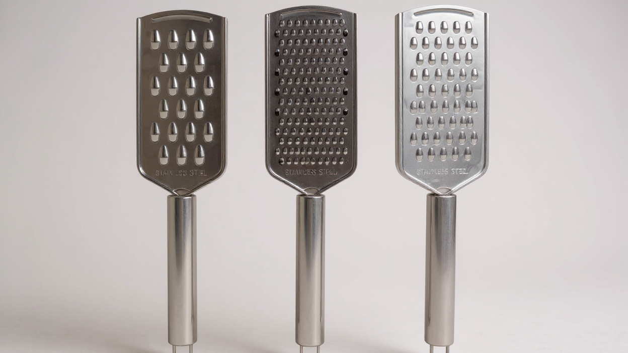 Lot de 3 ustensiles de cuisine en acier inoxydable : éplucheur, râpe et ouvre-boîtes, polyvalents pour fruits, légumes et pommes de terre.