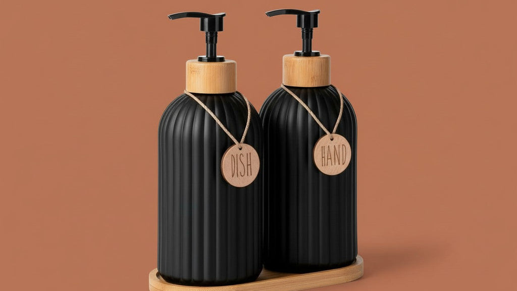 5pcs Modern Black Dish &amp; Hand Soap Dispenser Set - Heavy-Duty Plastic Countertop/Poorly- Counter Compatible Soap System (No Nickel-Free reservoir), Hygienic One-Touch &amp; Sink Area - Space-Saving Storage Containers for