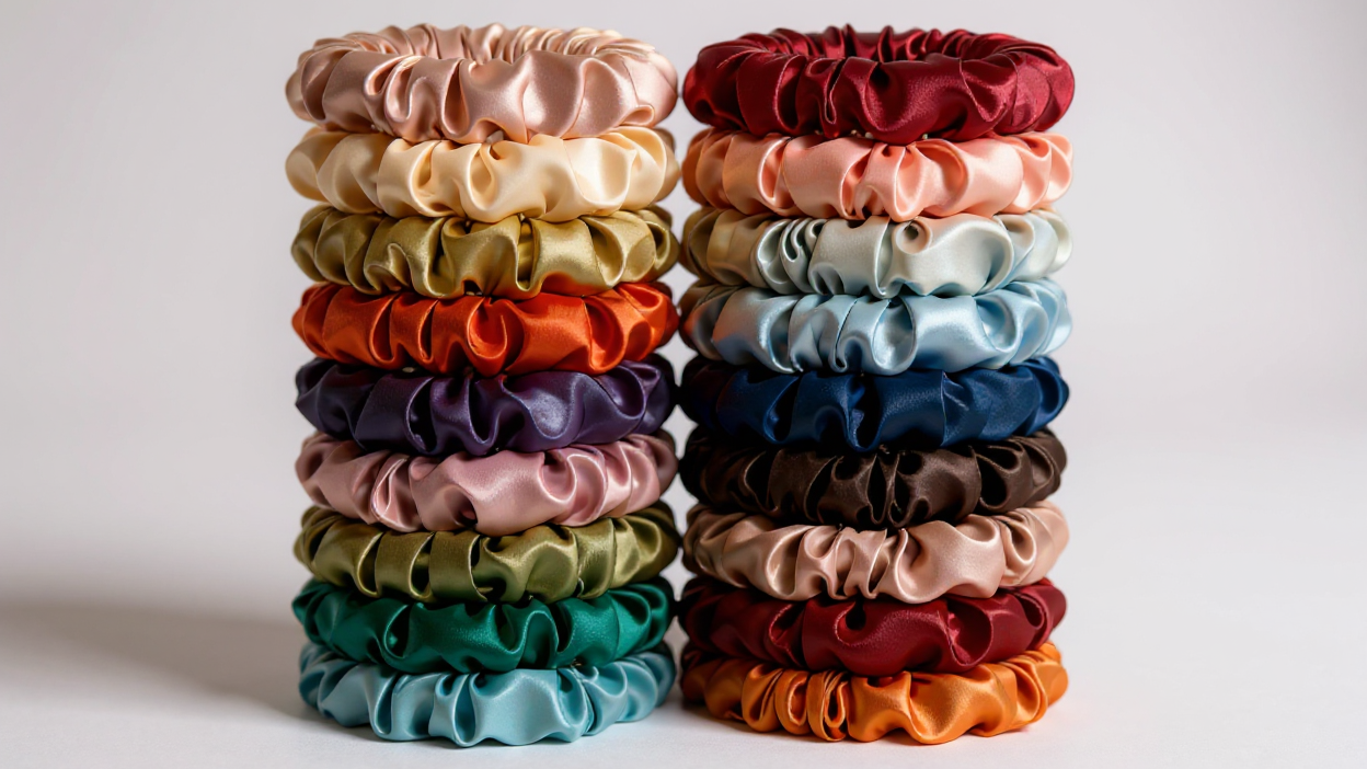 50pcs Satin Scrunchies - Elegant Hair Ties with Pastel &amp; Vibrant Colors (Pink, Green, Purple, Orange, Red, Yellow, Brown, Teal, Navy, Light, Dark, Light Green, Dark Green, Light Purple, Dark Purple, Light Orange, Dark Orange,