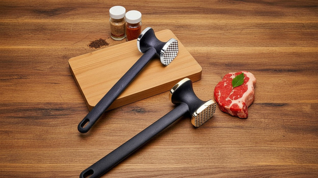Marteau à viande double-face en alliage de zinc : attendrit steaks, écrase ail et prépare viandes. Outil polyvalent pour cuisine pratique.