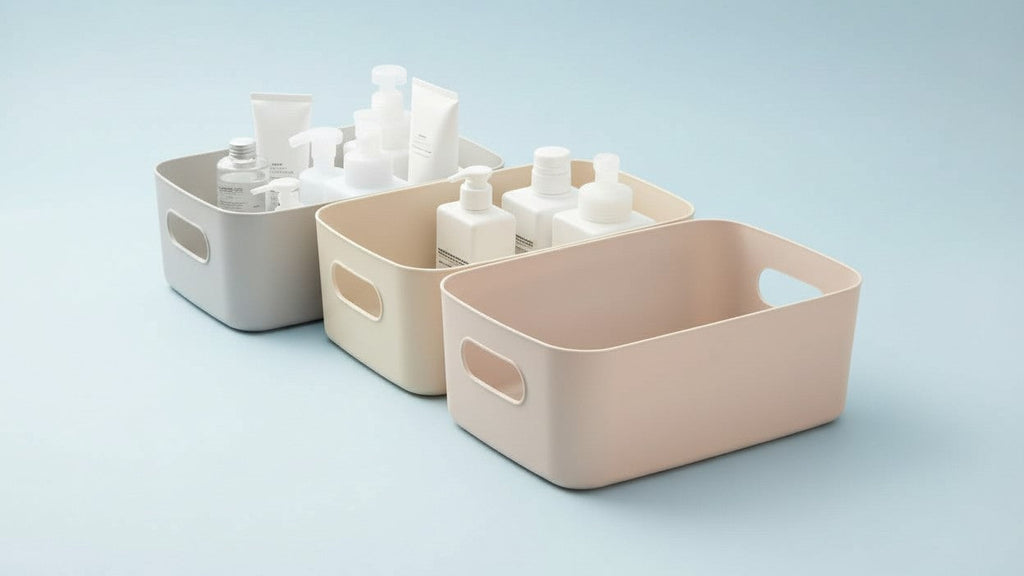 Set of 5 multi-purpose plastic storage bins for cosmetics, office supplies, underwear or household essentials, safe for non-food use.