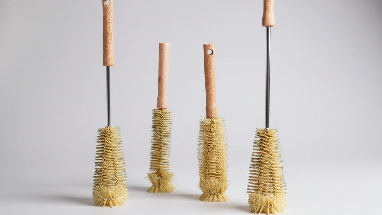 Set de 4 Brosses de Nettoyage Multi-Tailles : Poignées bois, réutilisables et ergonomiques, idéales cuisine, bouteilles et ménage, avec brosse longue à trou de suspension.