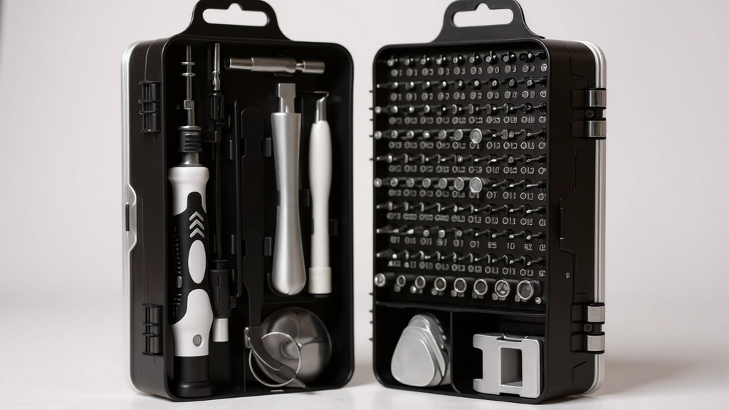 Kit 115 pièces VVIA, tournevis de précision multi-usage pour téléphones, montres et appareils électroniques, compact pour entretien et démontage.