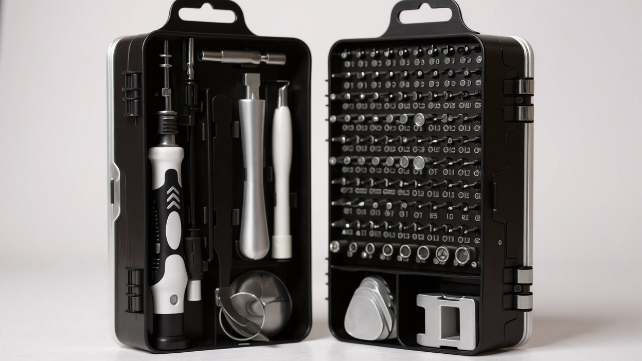 Kit 115 pièces VVIA, tournevis de précision multi-usage pour téléphones, montres et appareils électroniques, compact pour entretien et démontage.