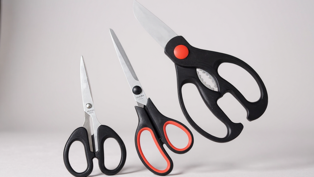 Lot de 3 ciseaux de cuisine multifonctions en acier inoxydable, ambidextres, sûrs pour aliments, incluant coupe-viande et accessoires.