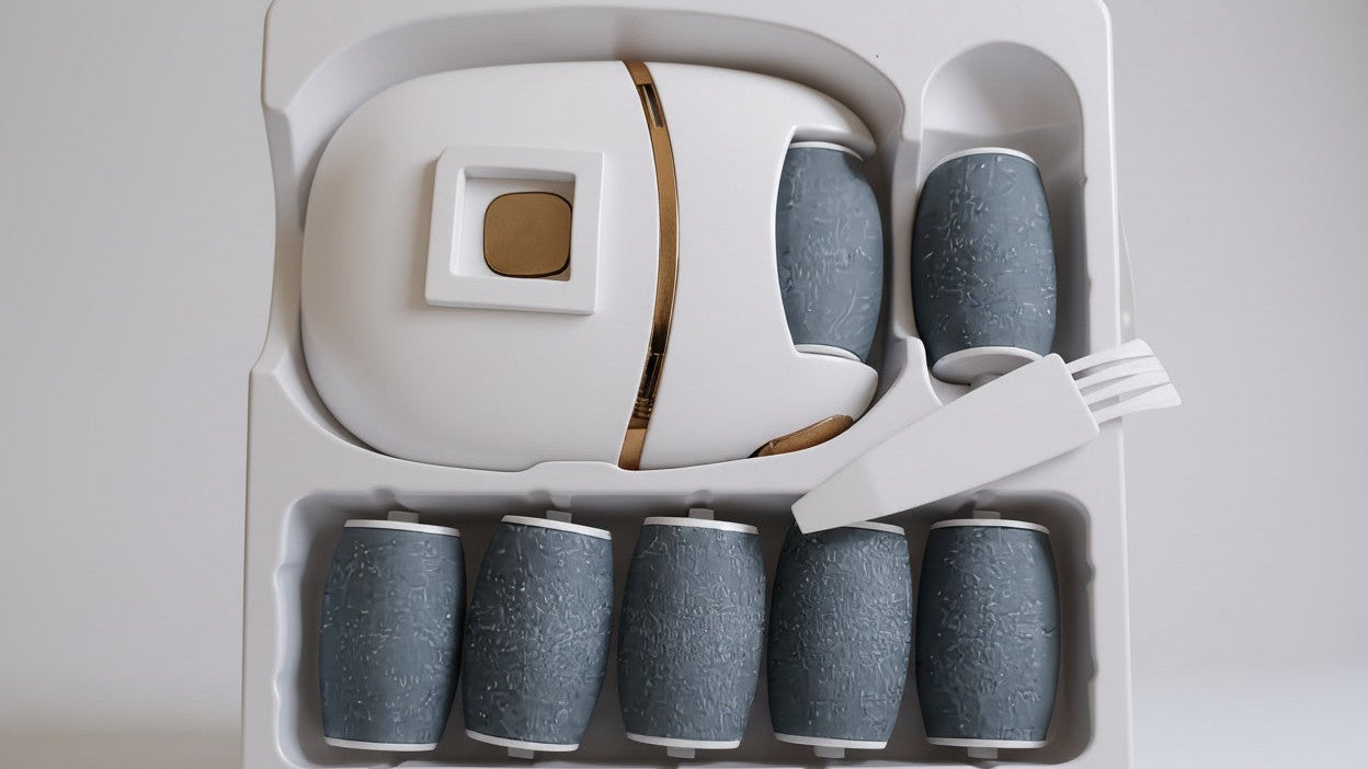 Rechargeable Electric Foot File with 6 Replaceable Heads for Dead Light Beige Removal and Polishing, USB Powered, Smooth Dual-Color Design in White &amp; Golden, Ergonomic Handle for Comfortable Use, Foot Scrubber, Foot Dead Skin