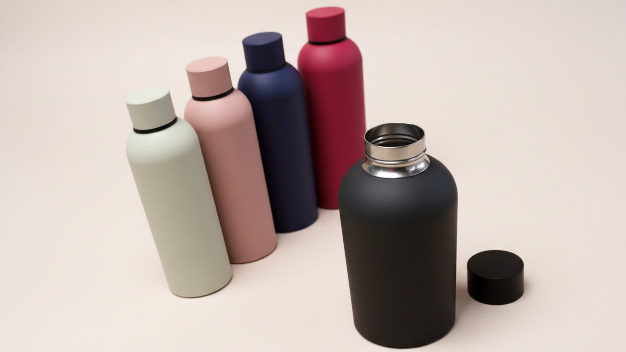 Gourde sport en acier inoxydable, bouchon étroit en caoutchouc, durable, parfaite pour camping, randonnée et fitness, 4 couleurs disponibles.