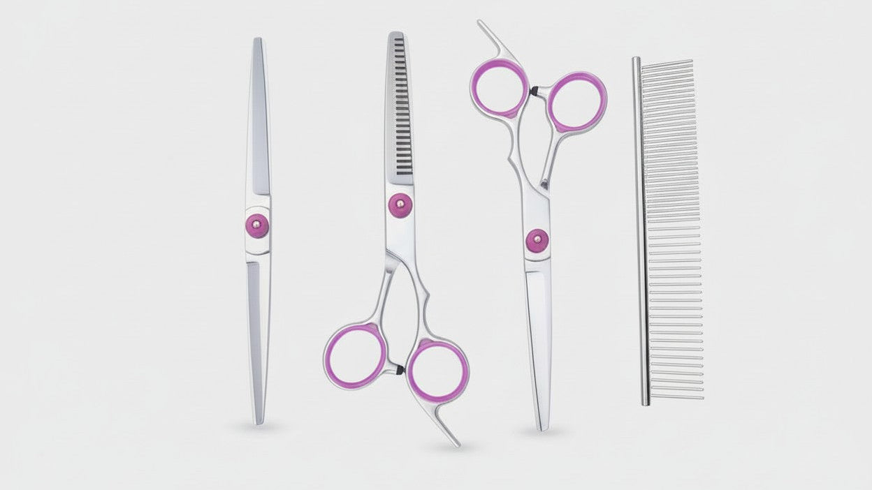Set de ciseaux de toilettage pour animaux 5-en-1. Ciseaux courbés et peigne, adaptés pour chiens et chats.